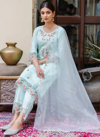 Aqua Blue Viscose Embroidered Work Salwar Suit for Ceremonial