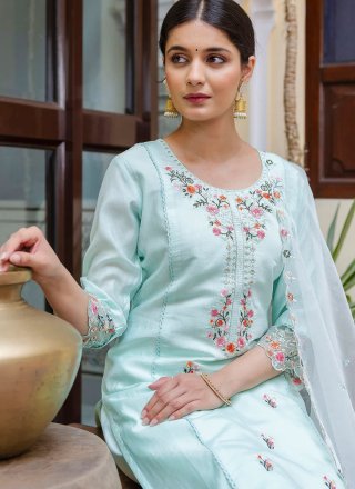 Aqua Blue Viscose Embroidered Work Salwar Suit for Ceremonial