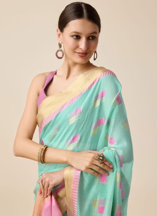 Aqua Blue Weaving Work Cotton Silk Contemporary Saree