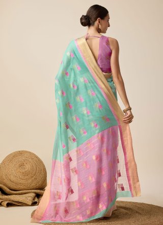Aqua Blue Weaving Work Cotton Silk Contemporary Saree