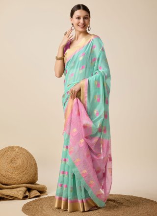 Aqua Blue Weaving Work Cotton Silk Contemporary Saree