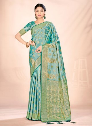Aqua Blue Weaving Work Satin Silk Designer Sari