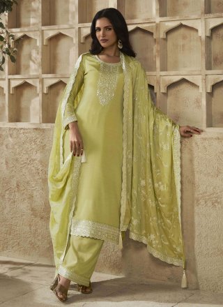 Aristocratic Green Chinon Trendy Suit with Embroidered and Sequins Work