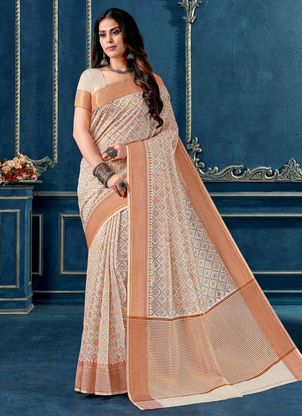 Beige Jacquard Cotton Saree – Sudathi