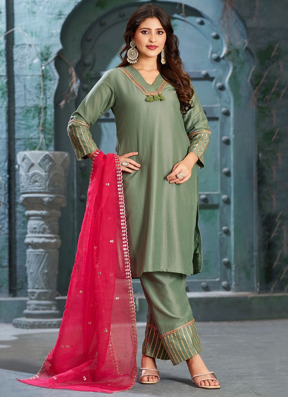 Shop Online Arresting Green Art Silk Readymade Salwar Suit