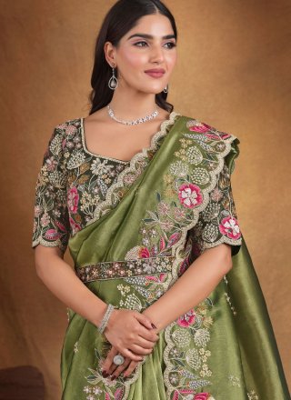 Arresting Green Glass Tissue Contemporary Saree with Moti and Sequins Work