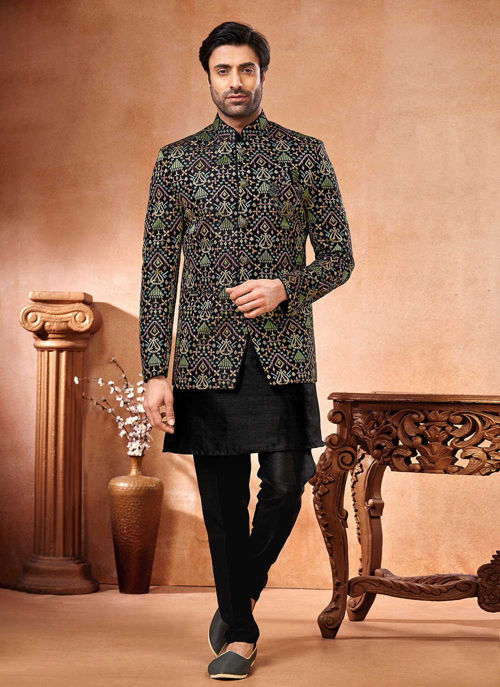 Buy Art Banarasi Silk Jodhpuri Suit In Black and Multi Colour Online 279739