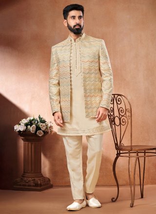 Art Banarasi Silk Jodhpuri Suit In Cream and Multi Colour