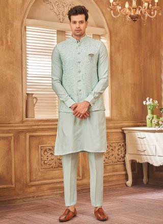 Art Silk Kurta Payjama with Jacket In Aqua Blue