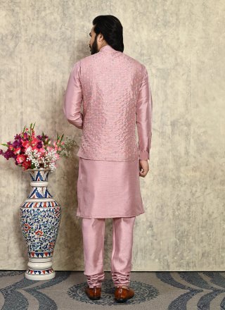 Art Silk Kurta Payjama with Jacket In Pink