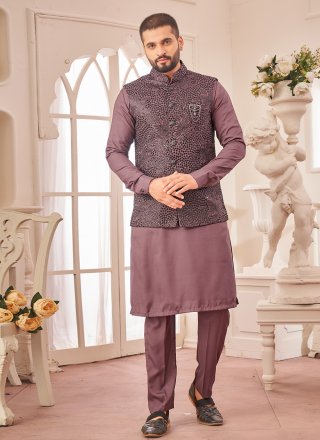 Art Silk Kurta Payjama with Jacket In Wine