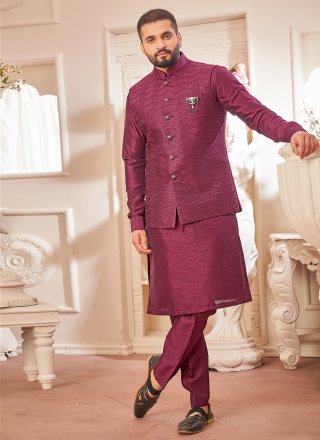 Art Silk Kurta Payjama with Jacket In Wine