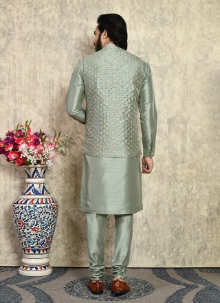 Art Silk Kurta Payjama with Jacket with Embroidered, Resham and Sequins Work