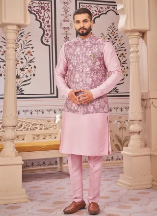 Art Silk Kurta Payjama with Jacket with Print Work