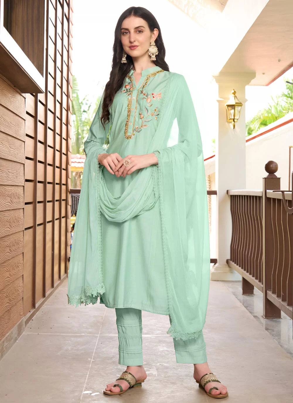 Art Silk Readymade Salwar Suit In Sea Green