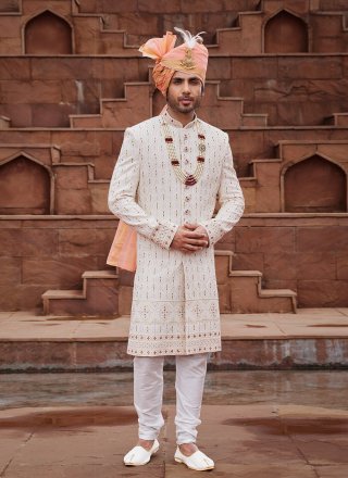 Art Silk Sherwani Mens Wear In Cream and Maroon