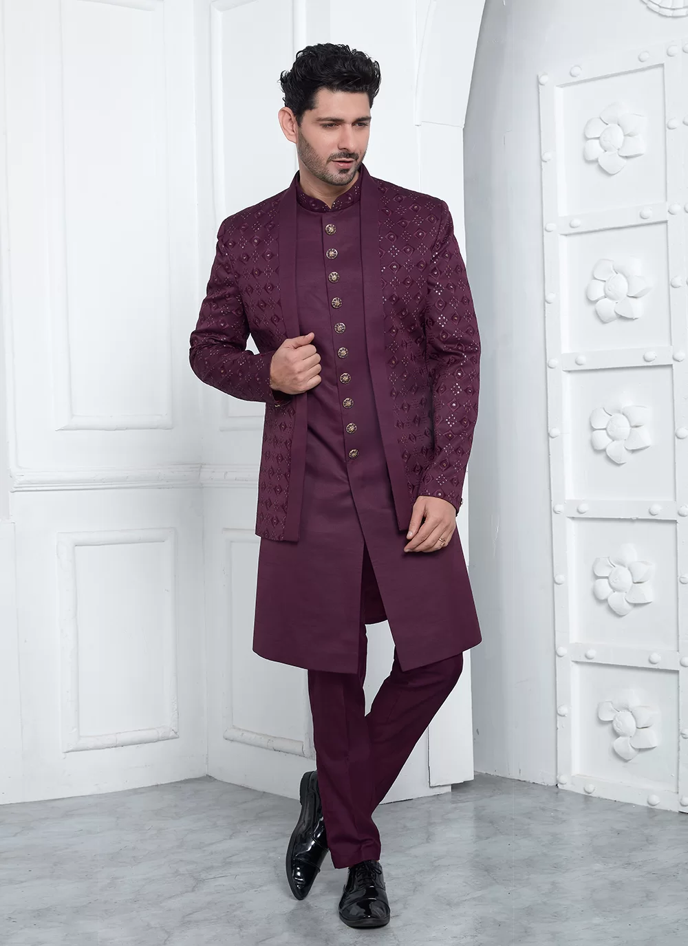 Buy Online Art Silk Sherwani Mens Wear In Maroon 293997 Mens