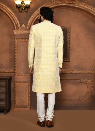Art Silk Sherwani Mens Wear In Yellow