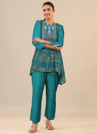Artistic Aqua Blue Cotton Designer Kurti