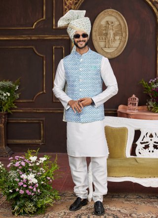 Artistic Blue and Off White Art Silk Kurta Payjama with Jacket