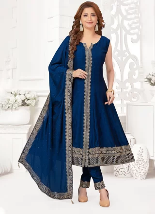 Aspiring Blue Silk Salwar Suit with Embroidered Work