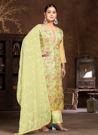 Aspiring Yellow Organza Trendy Suit with Embroidered and Hand Work