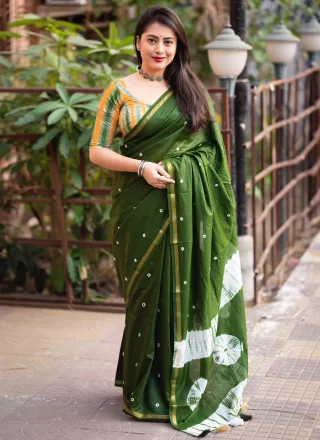 Astonishing Green Chanderi Cotton Contemporary Sari with Block Print Work