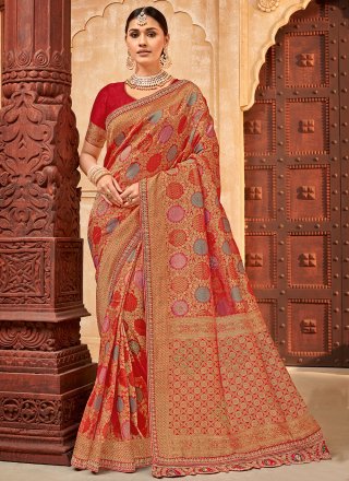 Astonishing Red Silk Contemporary Sari with Patch Border and Embroidered Work