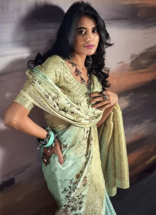 Astounding Aqua Blue and Sea Green Satin Trendy Saree with Digital Print and Weaving Work