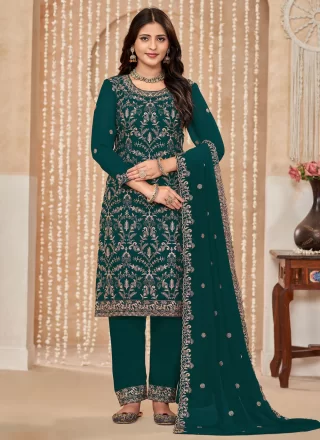 Astounding Green Faux Georgette Salwar Suit with Embroidered Work