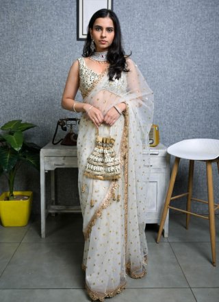 Astounding White Net Trendy Saree