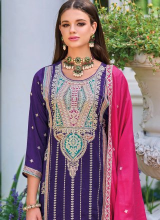 Attractive Blue Silk Salwar Suit with Embroidered Work
