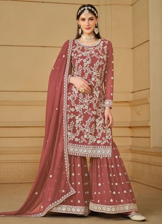 Attractive Pink Faux Georgette Salwar Suit with Embroidered and Sequins Work