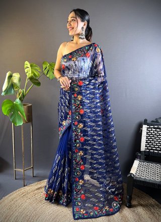Auspicious Blue Net Trendy Saree