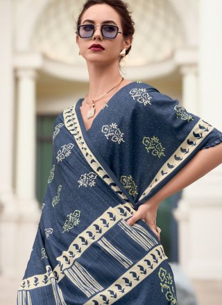 Auspicious Morpeach Silk Contemporary Sari with Print Work
