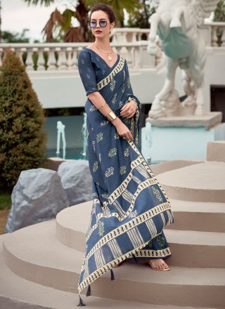 Auspicious Morpeach Silk Contemporary Sari with Print Work