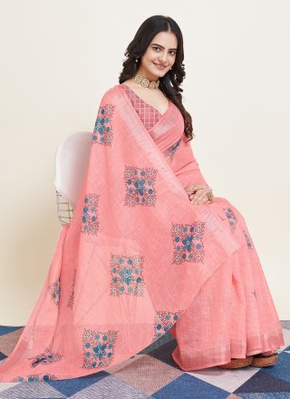 Auspicious Pink Cotton Trendy Saree with Print Work