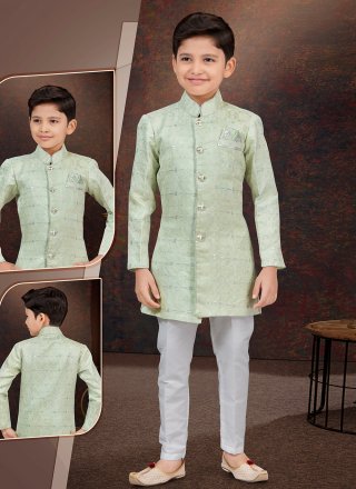 Awesome Sea Green Jacquard Sherwani Kids Wear with Buttons, Fancy and Thread Work