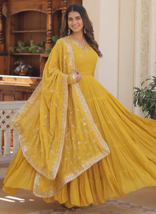 Awesome Yellow Faux Georgette Designer Gown with Embroidered and Sequins Work