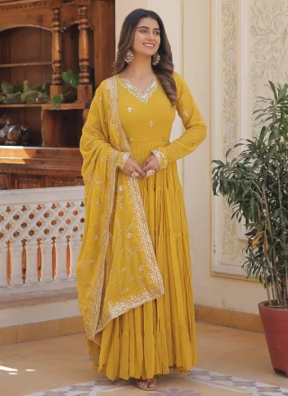 Awesome Yellow Faux Georgette Designer Gown with Embroidered and Sequins Work