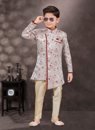 Banarasi Jacquard Sherwani Kids Wear In Grey and Maroon