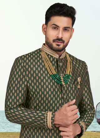 Banarasi Jacquard Sherwani Mens Wear In Green
