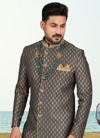 Banarasi Jacquard Sherwani Mens Wear with Buttons, Jacquard, Thread and Zari Work