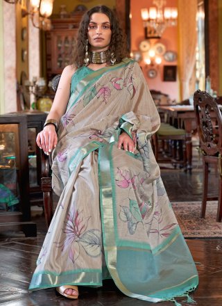 Banarasi Silk Classic Sari In Beige and Turquoise