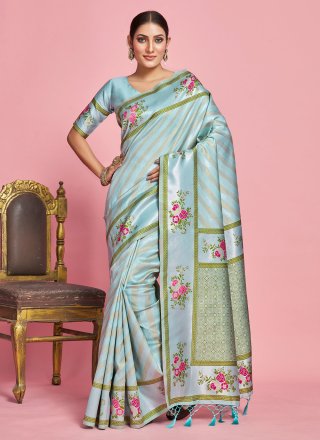 Banarasi Silk Designer Sari In Aqua Blue