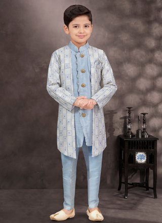 Banarasi Silk Sherwani Kids Wear In Aqua Blue and Grey