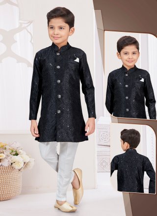 Banarasi Silk Sherwani Kids Wear In Black