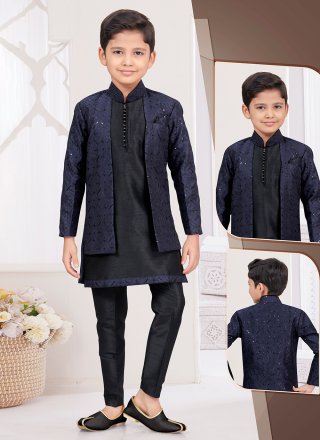 Banarasi Silk Sherwani Kids Wear In Black and Blue