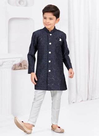Banarasi Silk Sherwani Kids Wear In Blue