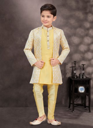 Banarasi Silk Sherwani Kids Wear In Cream and Yellow